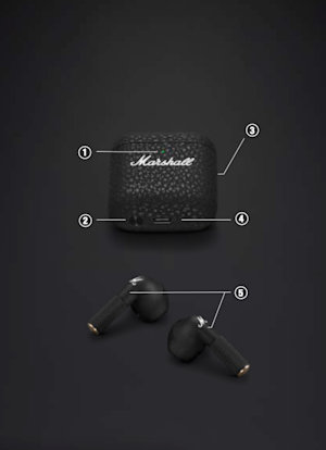 Auriculares inalámbricos Marshall Minor IV negros con su estuche de carga.