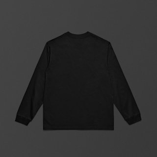 Black Standard Issue Script long-sleeve shirt laid flat on a dark background, viewed from the back.