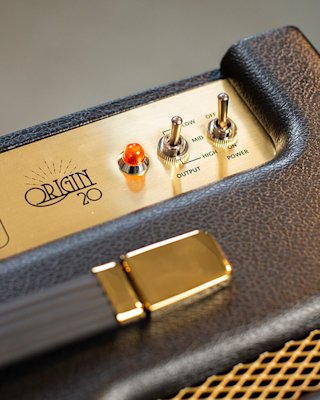 A zoomed in image of the Marshall Origin20 amp, seen from above.