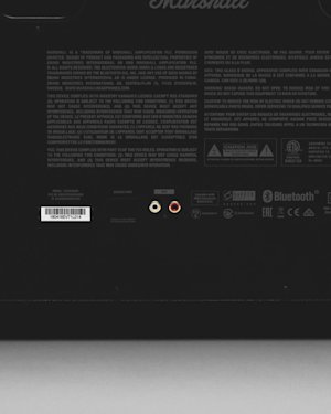 The RCA input (left and right) on the back of a Woburn II Bluetooth speaker.