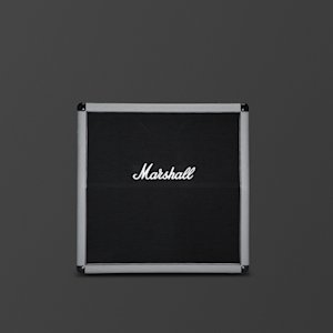 A sleek black 2551AV amplifier by Marshall stands tall, its silver frame gleaming against a gray background.