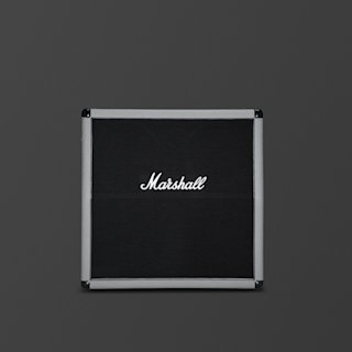 A sleek black 2551AV amplifier by Marshall stands tall, its silver frame gleaming against a gray background.