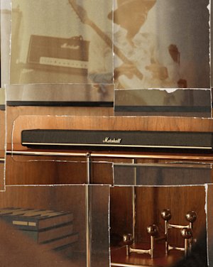 Marshall Heston 60 soundbar rest on a wooden shelf.