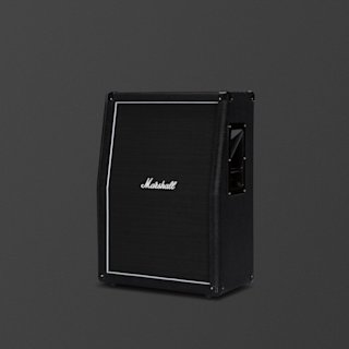A black angled Marshall MX212A guitar speaker cabinet with a slanted front, white trim, and logo, set against a plain dark background.
