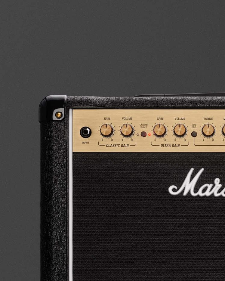 Marshall DSL20C ampliado en la esquina superior izquierda con fondo gris