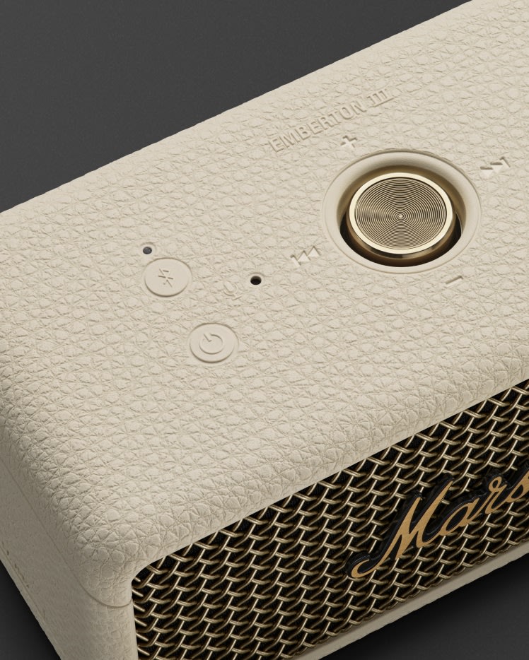 A close-up of Marshall Emberton III Cream speaker.