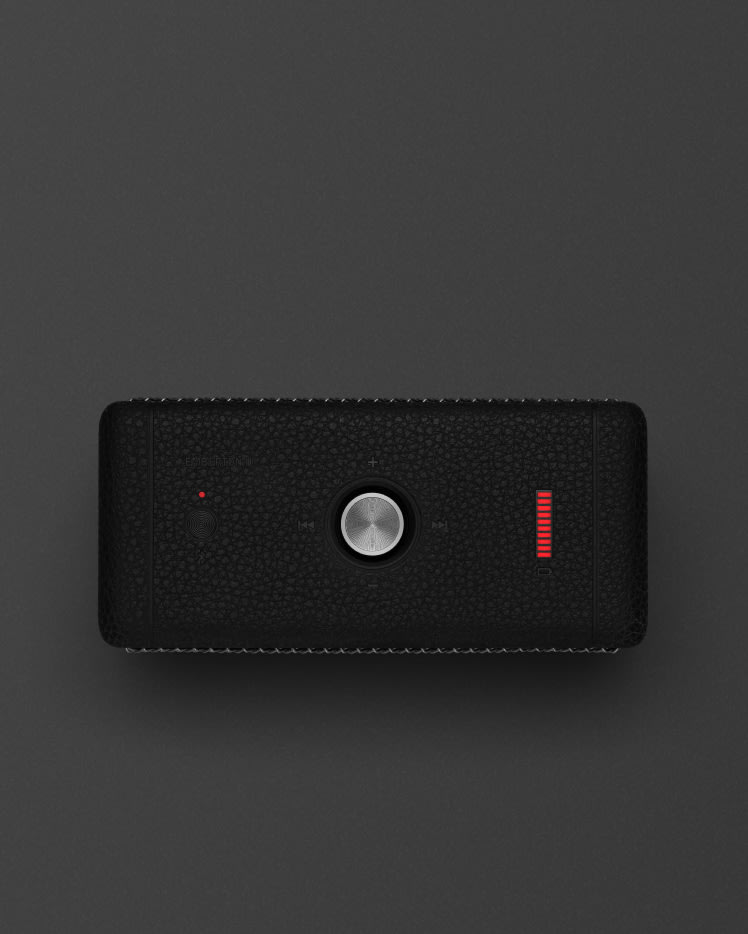 Top image of the Marshall Emberton II Black and Steel portable speaker.