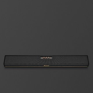 A black Marshall Heston 120 soundbar with brass accents on a dark grey surface, centered in the image.