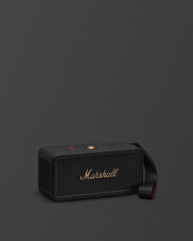 Marshall Middleton II Black and Brass portable Bluetooth speaker shown on a dark background, highlighting its iconic design.