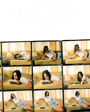 Suki lounging on a couch on different polaroid-style photos.