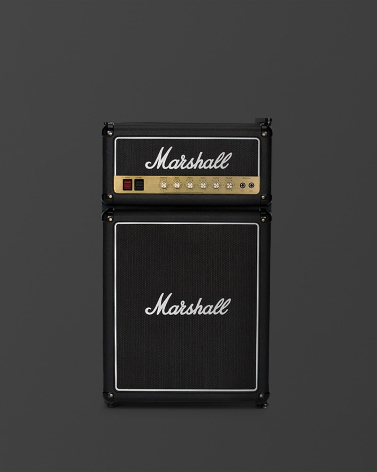 Front image of the Marshall fridge that resembles an iconic Marshall amplifier.