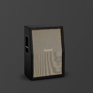 A black Marshall Studio Vintage 2x12 angled guitar amplifier cabinet with a slanted front and a woven beige grille against a plain dark background.