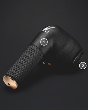 Minor III earbud. The surface is marked with 1, and the speaker mesh opening is marked with 2.