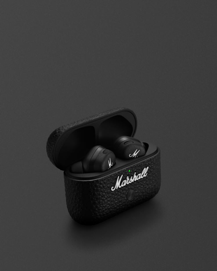 The Marshall MOTIF II A.N.C. BLACK earphones with a gold case.