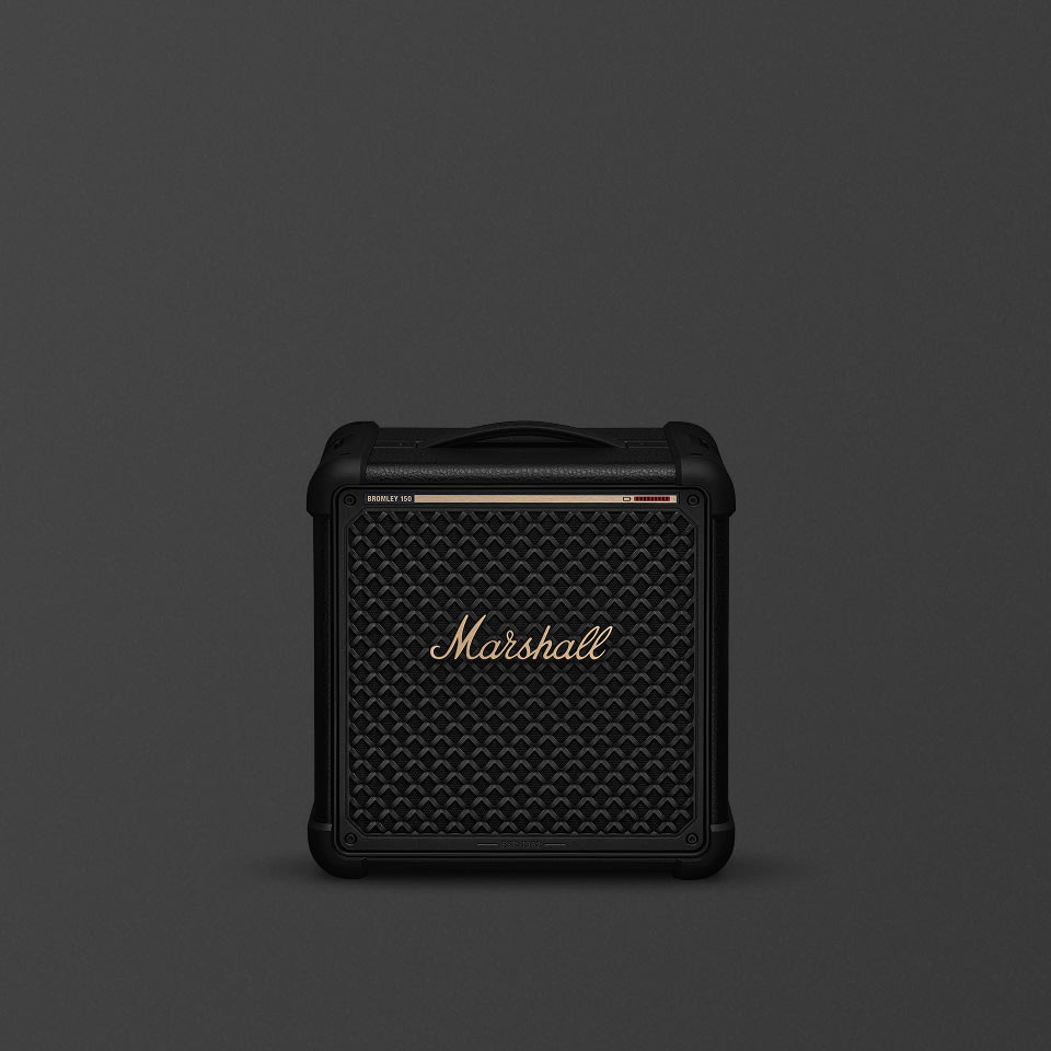 Front view of the Marshall Bromley 150 speaker with its brass script logo