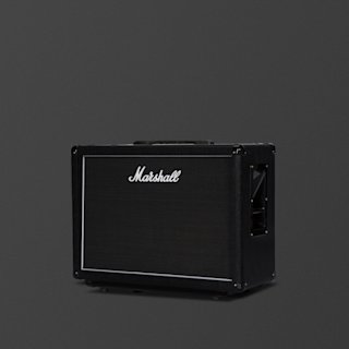A black Marshall MX212 guitar speaker cabinet with a white logo and trim sits against a plain dark background.