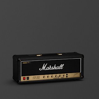 A Marshall JCM800 guitar amplifier head with black and brass finish, control knobs, and logo displayed on a plain dark background.