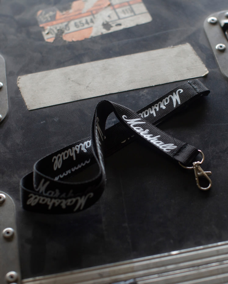 Marshall lanyard in black with white logo zoomed in