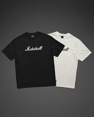 Front View of the Standard Issue Script T-Shirt in White and Black