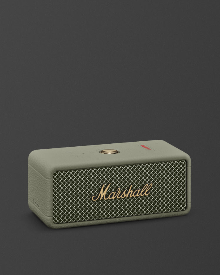 Marshall Emberton III Sage portable bluetooth speaker featuring a gold logo and mesh front, shown against a dark gray background.