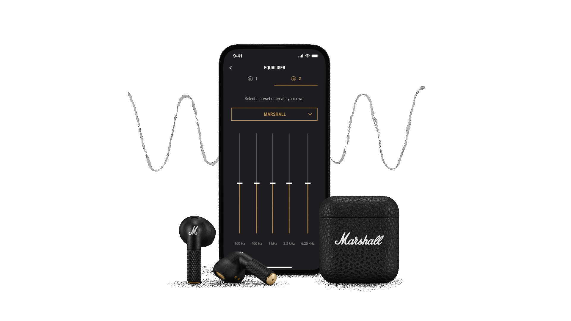 Marshall Minor IV true wireless earbuds paired with a smartphone and Marshall app.