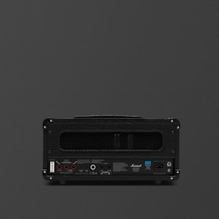 Tête d'amplificateur de guitare Marshall DSL20 noire vue de l'arrière, montrant les ports d'entrée/sortie, le panneau de commande et l'interrupteur d'alimentation sur un fond noir uni.