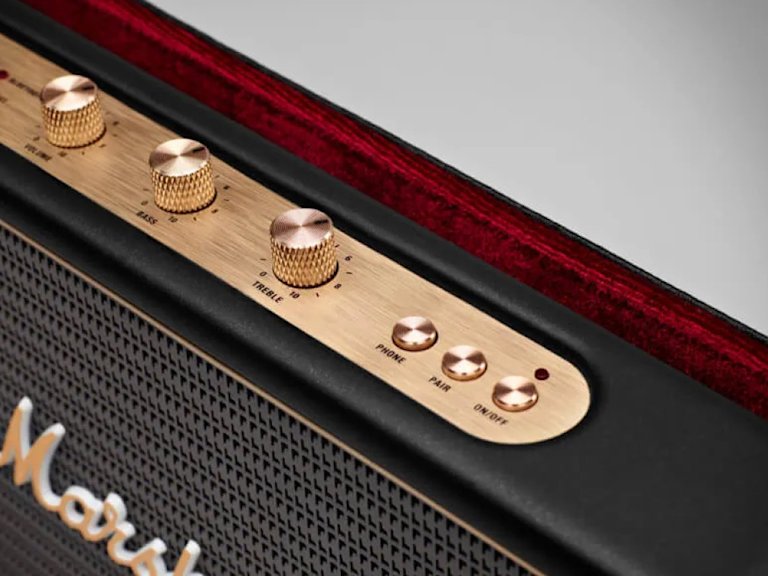 An image of a close up of the top control panel on a Marshall speaker.