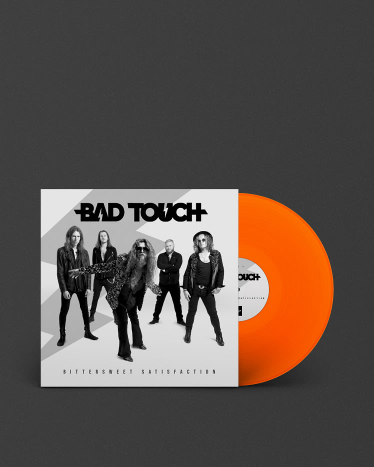 Marshall-produced BITTERSWEET SATISFACTION LP featuring a dark black background and captivating "Bad Touch Orange" design.