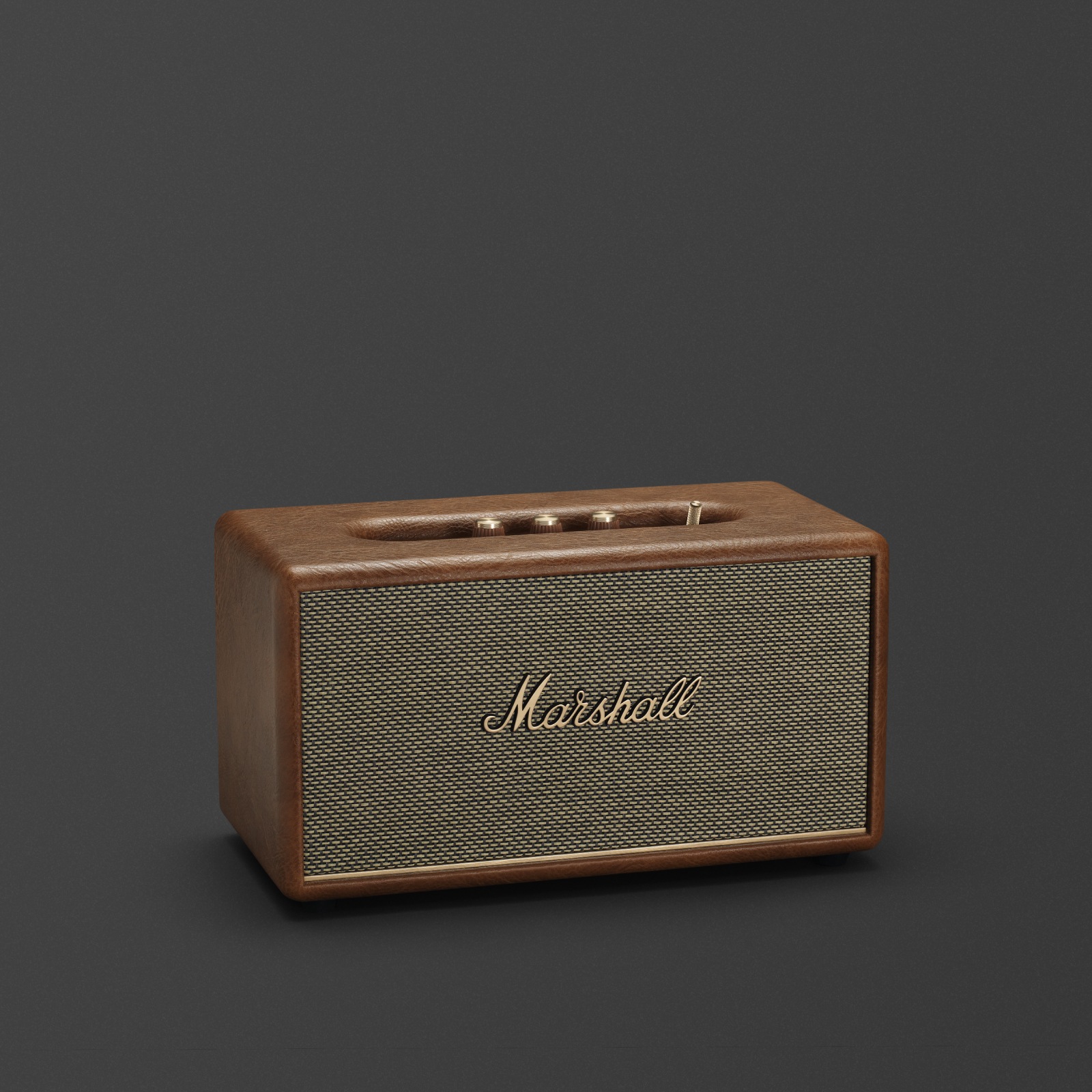 The Marshall Stanmore III Brown speaker is shown on a grey background.
