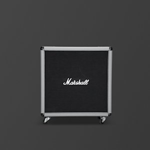 Una elegante caja de amplificador Marshall 2551BV negra y de acero con ruedas, sobre un fondo gris.