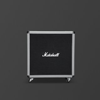 A sleek black and steel Marshall 2551BV amplifier cabinet with wheels, set against a grey background.