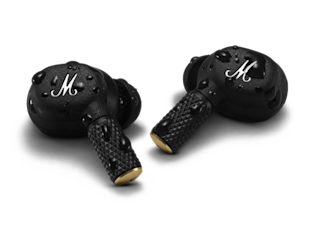 Marshall Motif II A.N.C. in-ear headphones covered in water drops.