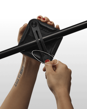 Close-up of attached Marshall Willen II Black and Brass speaker using a strap.