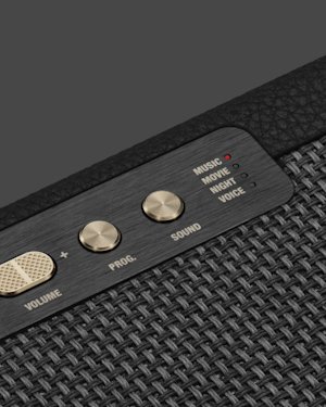 El botón de modo de sonido se encuentra en la esquina derecha del panel de control, en la parte superior de la barra de sonido Marshall Heston 60 TV.