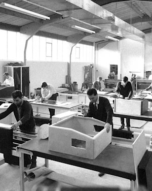 Black and white image of the Milton Keynes factory workers
