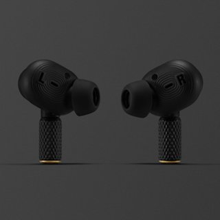 A pair of black Marshall Motif II A.N.C. wireless earbuds labeled "L" for left and "R" for right, displayed upright against a dark gray background.