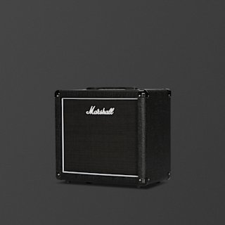 A black Marshall MX112 guitar speaker cabinet with white trim and the brand logo, set against a plain dark background.