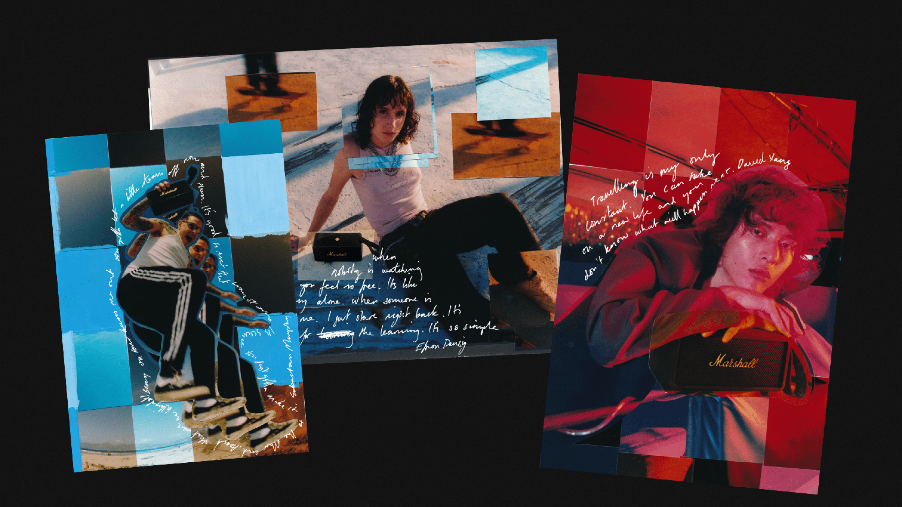 Collage de tres fotos de personas sosteniendo a su Marshall Middleton Altavoces