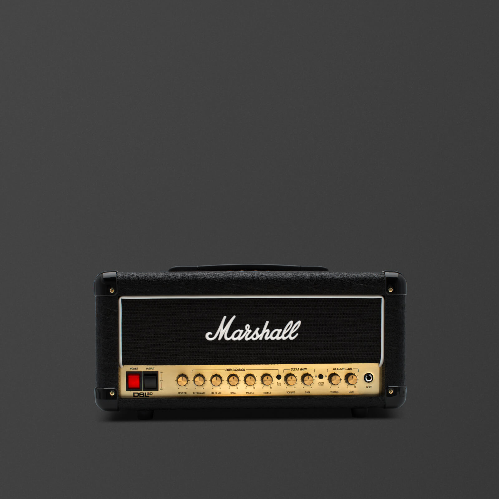Imagen frontal del cabezal del amplificador Marshall DSL20.