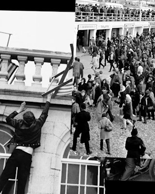 A black and white image collage showing people from the sixties