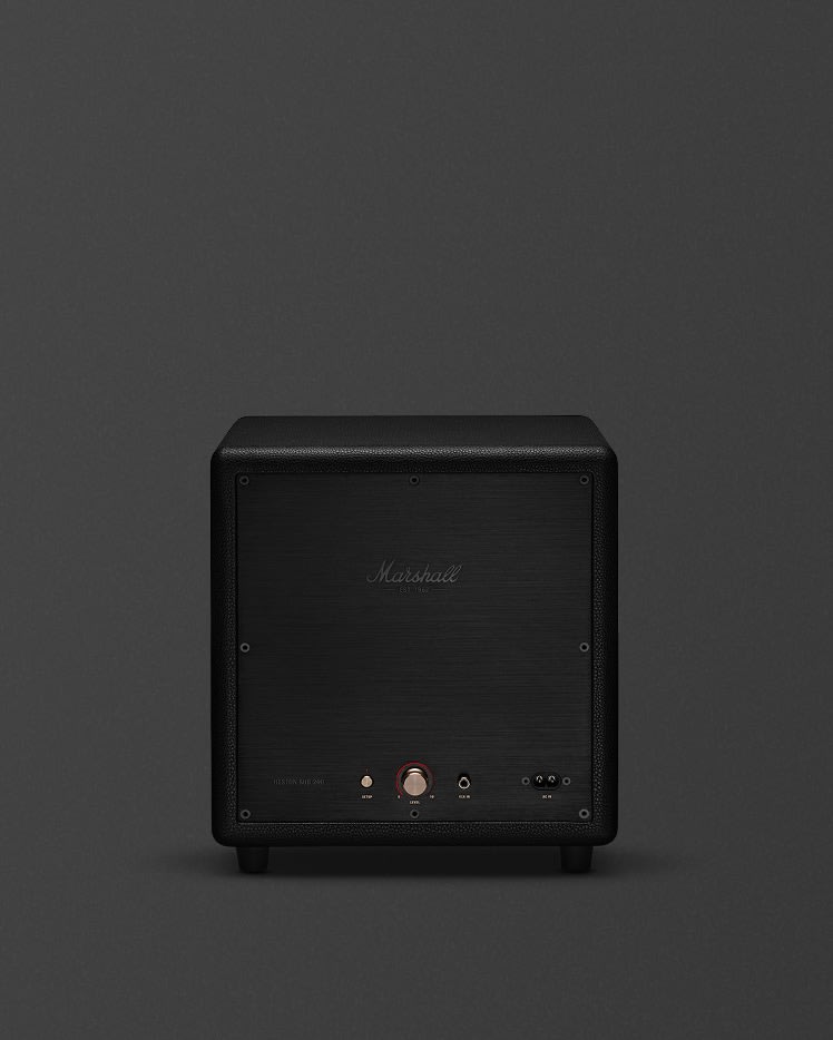 Marshall Heston Sub 200 Black features front-facing control knobs and input ports, displayed against a plain dark background.