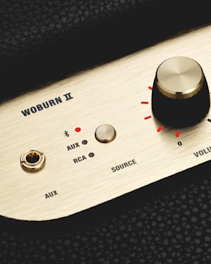 The AUX port and Source button on a Woburn II Bluetooth speaker.