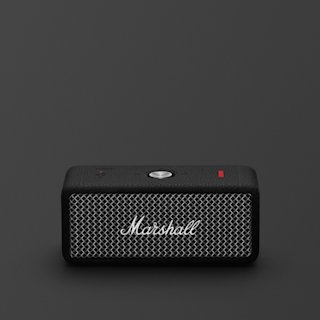 Frontansicht des tragbaren Lautsprechers 'Marshall Emberton II Black and Steel'.