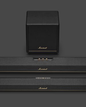 A Marshall Heston Sub 200 TV Subwoofer, with Marshall Heston 120 and 60 TV soundbars.