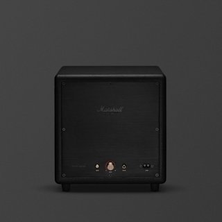 A black Marshall Heston Sub 200 subwoofer is shown from the back, displaying ports, a power switch, and the Marshall logo on a dark background.