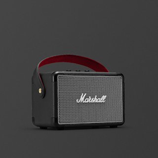 A black Marshall Kilburn II portable Bluetooth speaker with a red-lined carrying strap, set against a plain dark background.