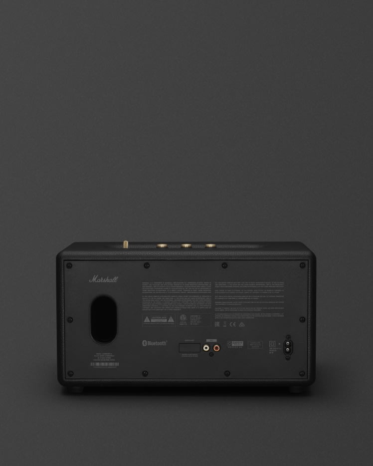 A Marshall black speaker, specifically the Stanmore III model, displayed on a gray background.