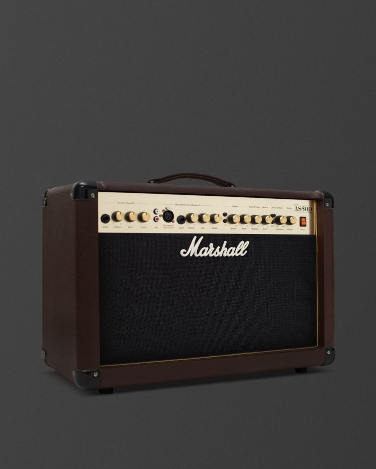 Marshall's AS50D black combo with gold knobs and brown leather.
