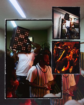 At a lively indoor party, one person carries the Marshall Bromley 750 party speaker with lights, while others dance and socialize in the dimly lit atmosphere.