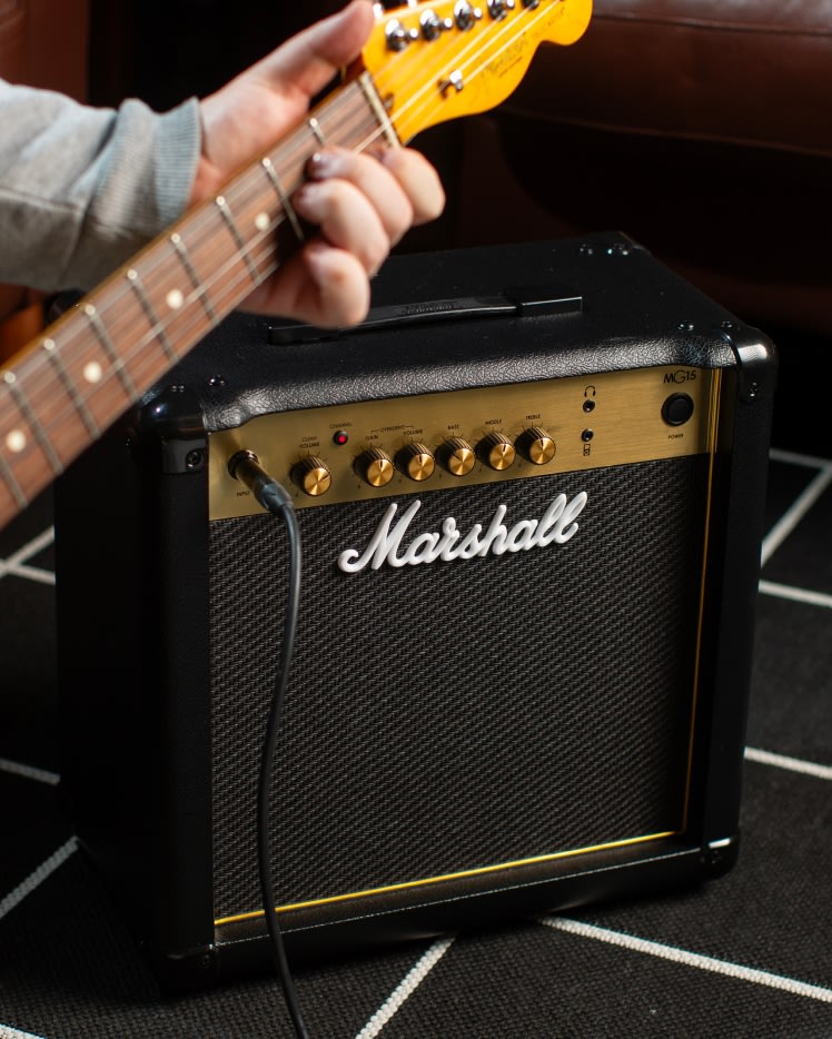 Upper left side view of the Marshall MG15G Combo in rehearsal room.